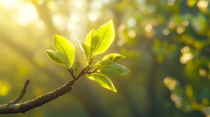 Green leaves on tree branch in morning sunlight. Beautiful nature background.