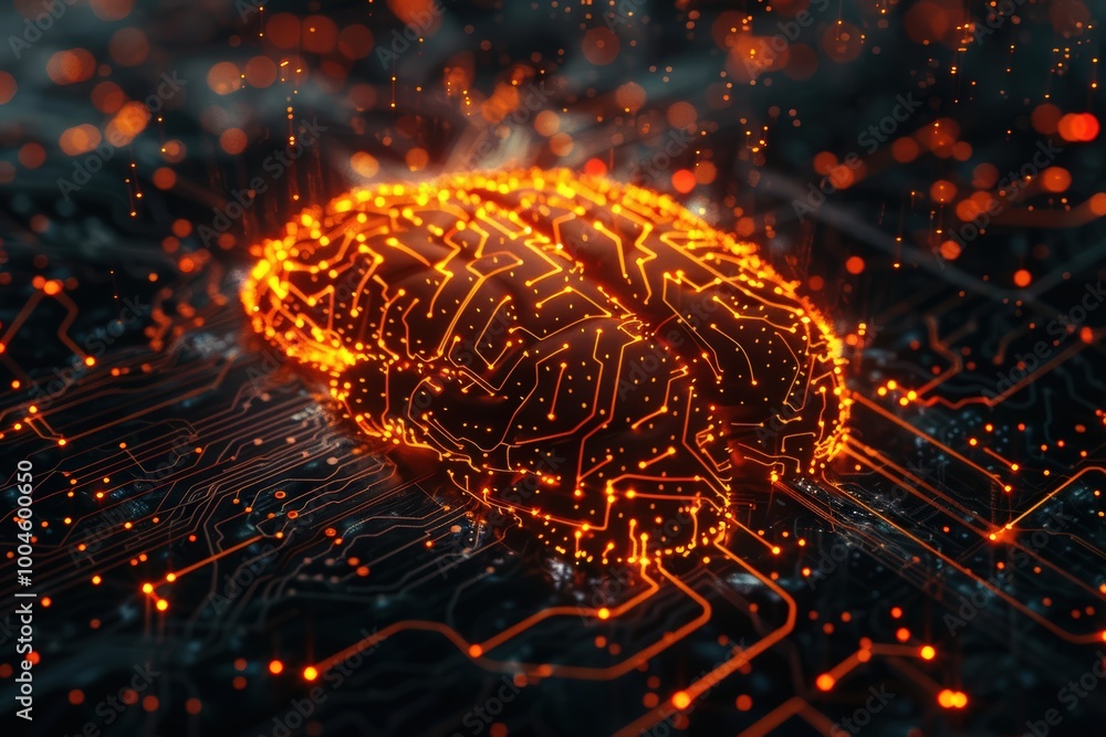 Poster a orange digital brain floating on an intricate circuit board background, symbolizing artificial int