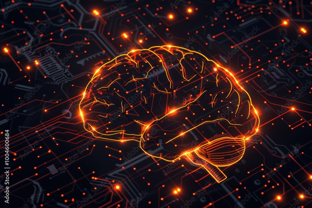 Poster a orange digital brain floating on an intricate circuit board background, symbolizing artificial int