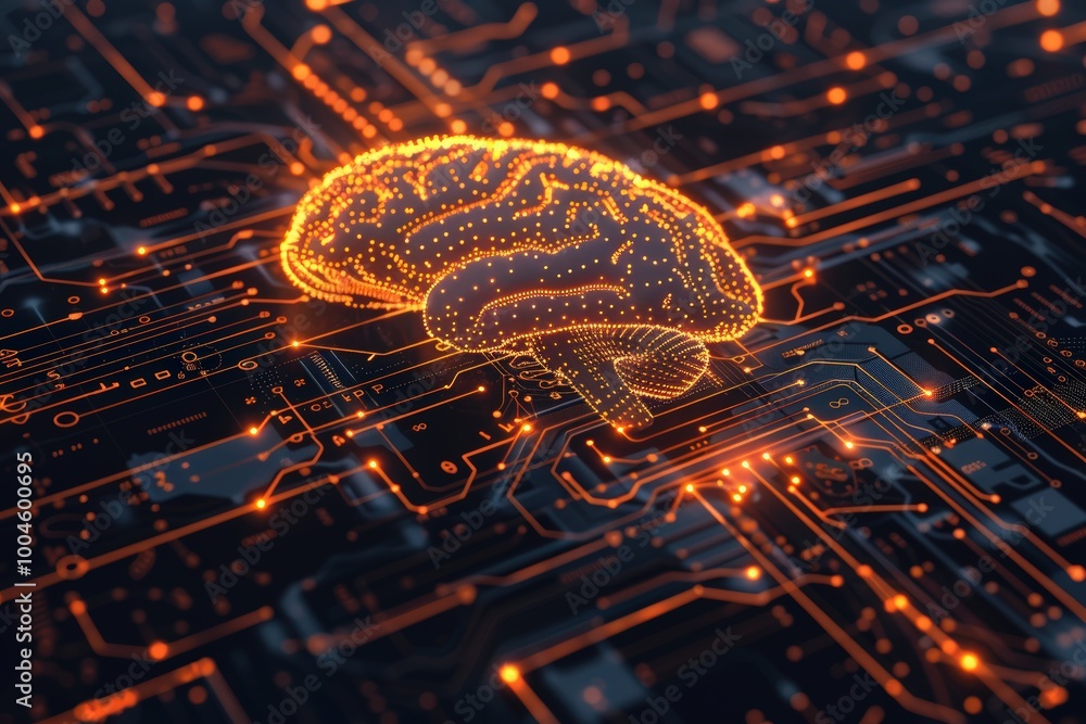 Poster a orange digital brain floating on an intricate circuit board background, symbolizing artificial int
