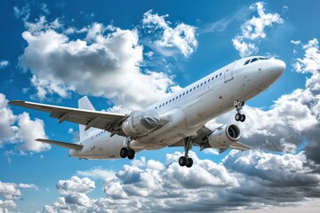 Naklejka premium A white airplane is flying through a cloudy sky, generative ai image