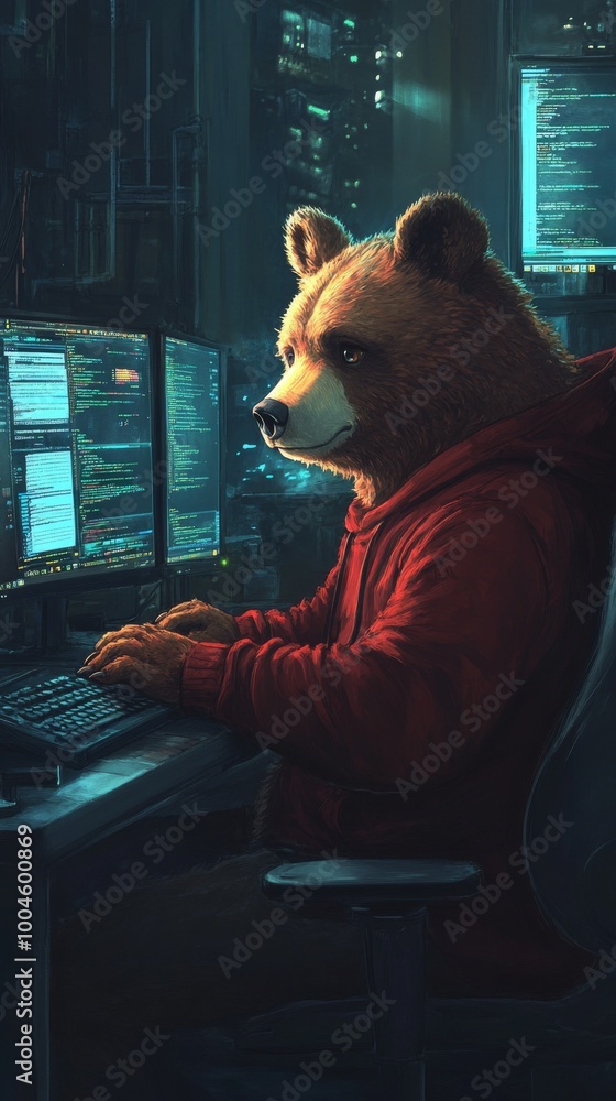 Poster bear software developer working on computer in office at night