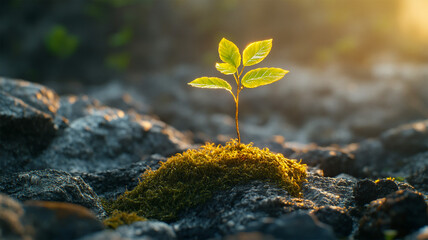 small tree growing with sunshine in garden. eco concept