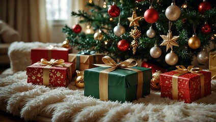 A winter afternoon spent by the Christmas tree, with decorations and gifts nearby.