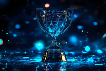 Champion trophy with futuristic technology. Blue neon background.
