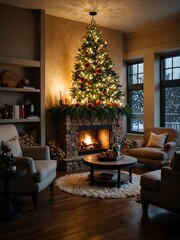 A winter interior featuring a decorated tree and warm fireplace during the holidays.