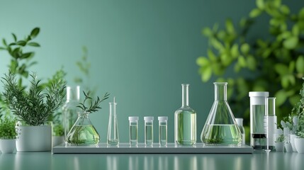 A collection of glass laboratory equipment with green liquids and plants, suggesting experimentation.