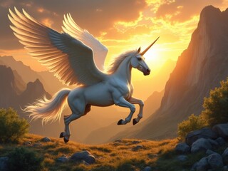 Majestic Winged Unicorn Flying Over Mountains at Sunset