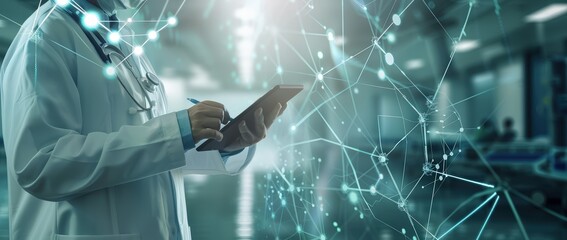 Doctor using a tablet with abstract digital connections, symbolizing modern healthcare technology and innovation