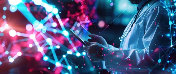 Doctor using a tablet with abstract digital connections, symbolizing modern healthcare technology and innovation