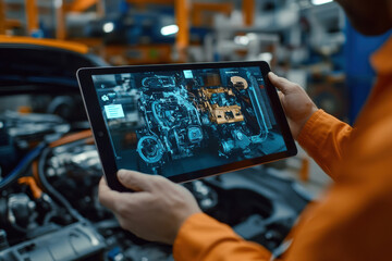 Using an Augmented Reality Diagnostics Software on a tablet computer, a technician inspects the automotive engine bay to find malfunctioning or broken parts and components.