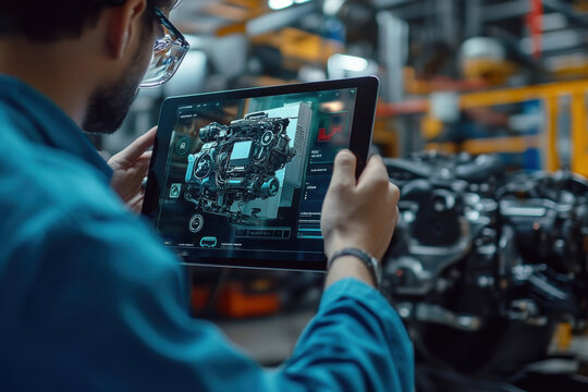 Using an Augmented Reality Diagnostics Software on a tablet computer, a technician inspects the automotive engine bay to find malfunctioning or broken parts and components.