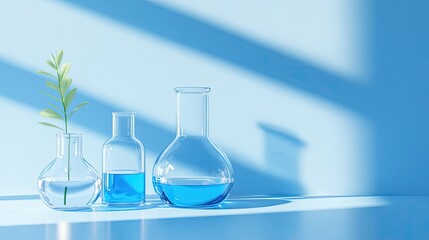 Three glass beakers filled with blue liquid, one with a green plant, on a blue background with light shining through.