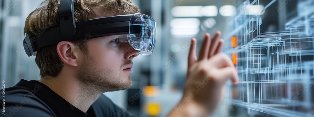 Aufkleber young man uses augmented reality headset to interact with digital models in a modern workspace