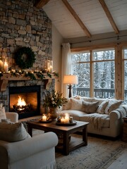 Fototapeta premium A winter living space decorated for Christmas, set against a snowy backdrop.
