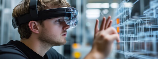 Young man uses augmented reality headset to interact with digital models in a modern workspace