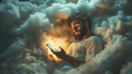 Man lying in clouds illuminated by smartphone glow in surreal dream-like scene