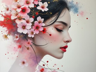 Fototapeta premium Profile of a woman with cherry blossoms in surreal artistic fusion of nature and beauty