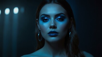 A woman is illuminated by blue lighting and bold makeup.