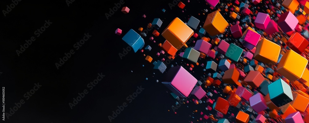 Poster colorful cubes exploding from the right side on black background