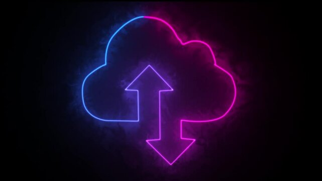 Upload icon symbol, cloud icon and neon line upload arrow icon animation on black background.