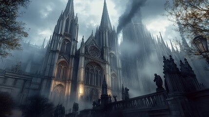Fototapeta premium Towering Gothic Cathedral Shrouded in Misty Dramatic Lighting and Shadows Ornate stone spires and facades cast in chiaroscuro lighting with ominous gargoyles keeping watch over the shadowy grounds