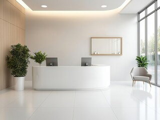 Minimalist clinic lobby with a sleek white desk, comfortable seating, and soft lighting, Clinic interior, calm and welcoming