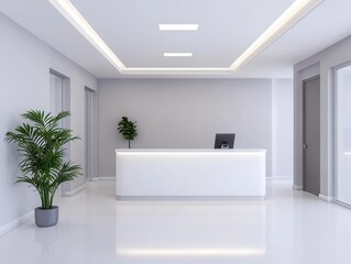 Minimalist clinic reception with a clean white counter, soft lighting, and simple decor, Clinic interior, calm and professional
