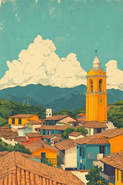 Tunja, Colombia, color pen pencil hand-drawn effect drawing illustration for travel poster, card, wallpaper, backdrop or banner. Modern, clear, artistic and simple