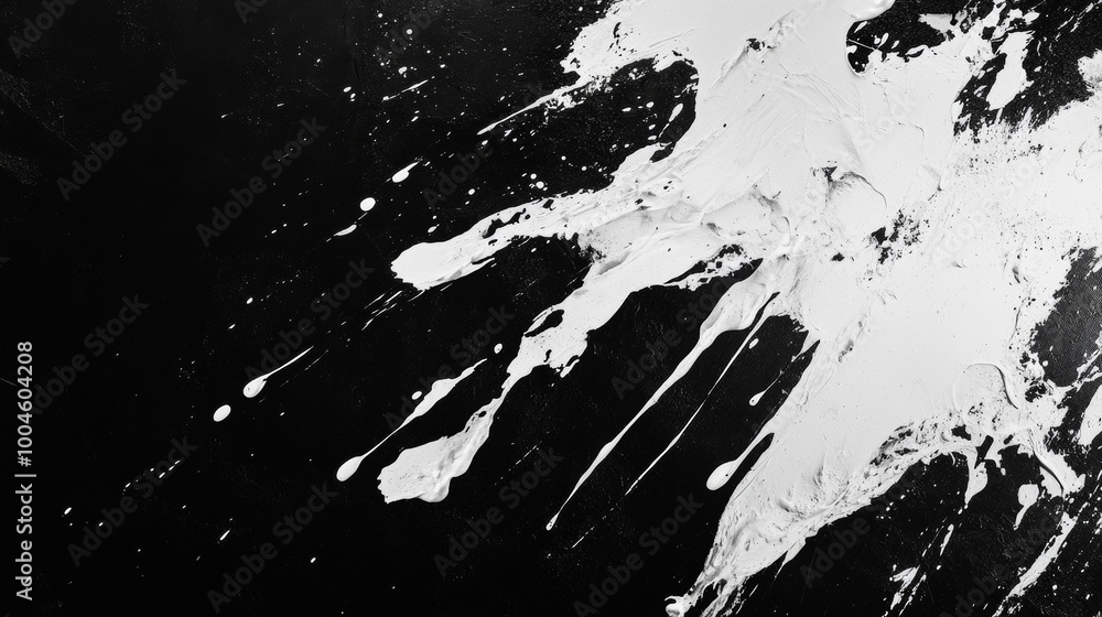 Poster white paint splattering on black background creating abstract design