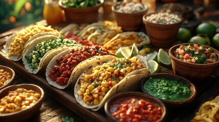 Festive Mexican Tacos with Delicious Sides and Sauces Perfect for a Celebration