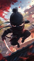 Young ninja jumping from rooftops in ancient japan
