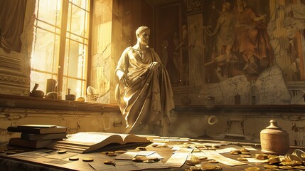 Majestic roman study featuring seneca statue amidst ancient scrolls and illuminated by golden light