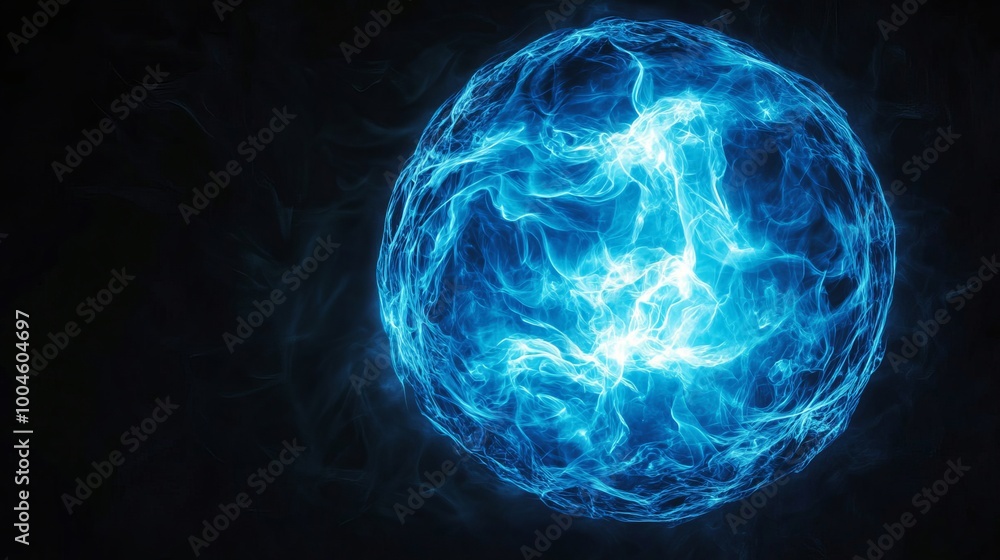 Wall mural blue energy sphere exploding on black background