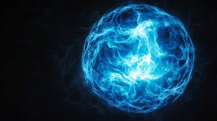 Blue energy sphere exploding on black background