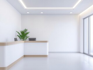 Sleek and simple clinic reception with white walls, minimalist decor, and soft lighting, Clinic reception, modern and welcoming