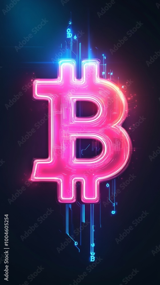 Poster bitcoin symbol glowing surrounded by digital data flowing