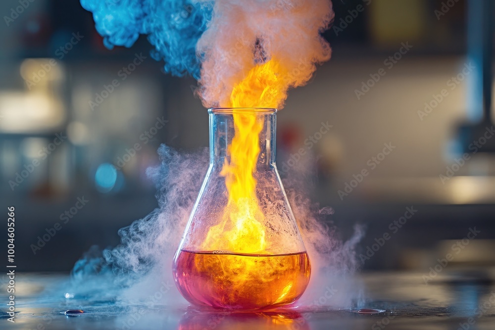 Poster a glass flask with a flaming solution inside. this photo can be used for concepts like chemistry,