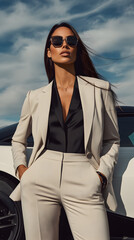 A confident woman posing against the backdrop of a sleek sports car, exuding power and grace in her stylish attire. Fashionable woman with a sports car.


