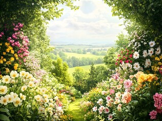 Obraz premium Vibrant blooming flower garden showcasing an array of delicate petals verdant greenery and a picturesque countryside vista in the distance creating a serene and pastoral atmosphere