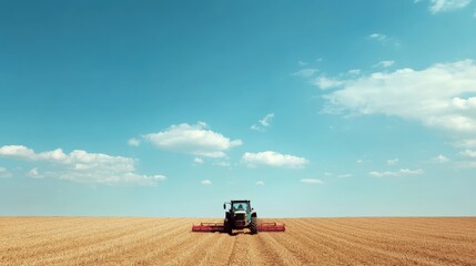 Naklejka premium A whimsical moment unfolds as a dog takes the wheel of a tractor, navigating a sprawling golden field beneath a vibrant blue sky. Fluffy clouds drift lazily overhead