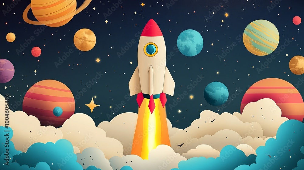 Poster rocket launching from clouds toward colorful planets in outer space