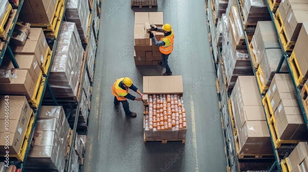 Aufkleber workers handling boxes in a busy warehouse during daylight, stacking goods for efficient storage and
