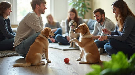 Dog behavior workshop indoors with trainers guiding owners and their dogs through interactive...