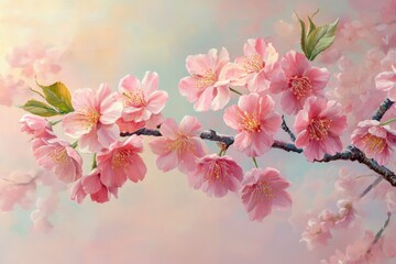 Obraz premium Pink cherry blossoms on a branch. This photo captures the beauty of spring and can be used for various purposes like floral designs, backgrounds, or nature-themed projects.