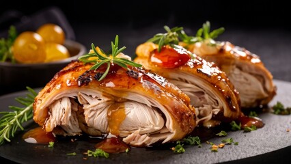 Chicken breasts baked in honey sauce and garnished with fresh herbs.