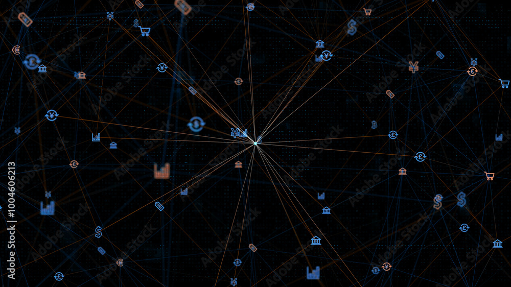 Poster blue digital money icon linked on grid mesh and line connection on futuristic abstract background te