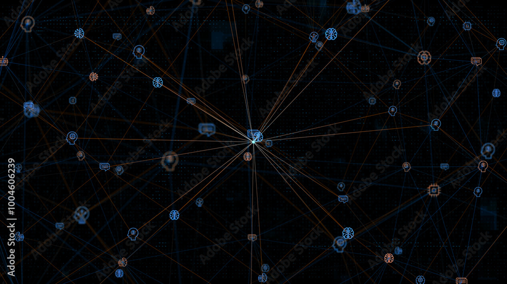 Poster blue digital ai icons linked on grid mesh and line connection on futuristic abstract background tech