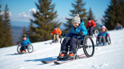 Adaptive skiing session features individuals enjoying winter sports on a mountain slope