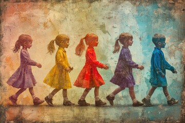 Fototapeta premium Children in colorful dresses walking. This photo depicts the innocence and vibrancy of childhood, with children wearing bright colors as they walk in a line.